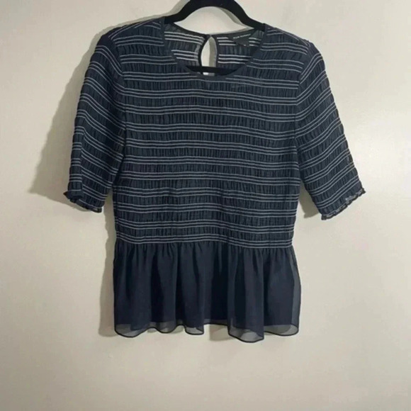 Club Monaco Aqua Stripe Luceenie Sheer Peplum Top Medium - Picture 3 of 9